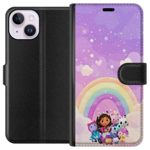 Kompatibelt Plånboksfodral till Apple iPhone 14  Gabby och kattvänner under en regnbåge bland moln lila