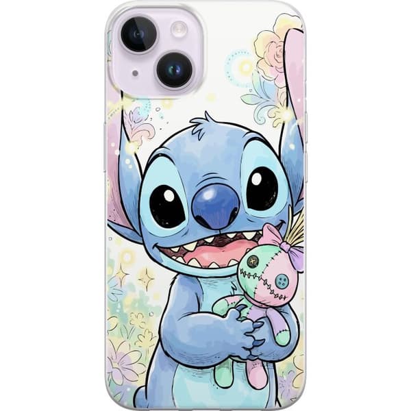 Kompatibelt Mobildeksel til Apple iPhone 14 Stitch holder en liten patchworkdukke blant pastellblomster og glitrende mønstre