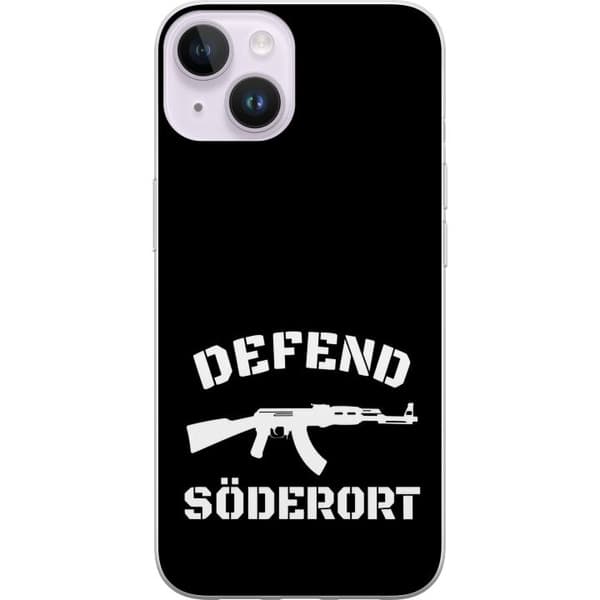Kompatibel Mobilcover til Apple iPhone 15 Plus Sort Söderort - hvidt områdeslogan og hvid våbensilhuet på sort baggrund sort