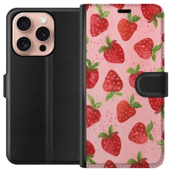 Apple iPhone 16 Pro Lompakkokotelo Mansikkahaaveet - Retrot tyyli mansikkakuviointi