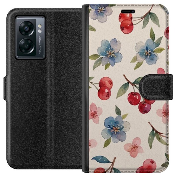 OnePlus Nord N300 Plånboksfodral Bär & Blommor – mönster med blå blommor och skogsbär