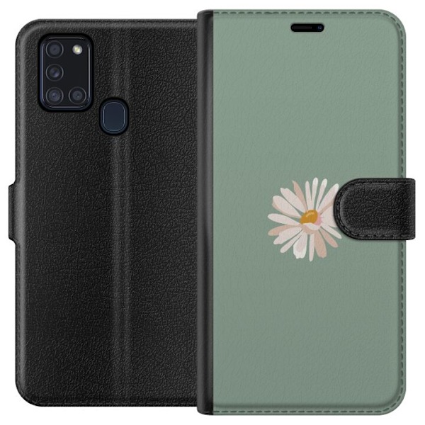 Samsung Galaxy A21s Plånboksfodral Grön Minimalblomma – stilren blomma på grön bakgrund