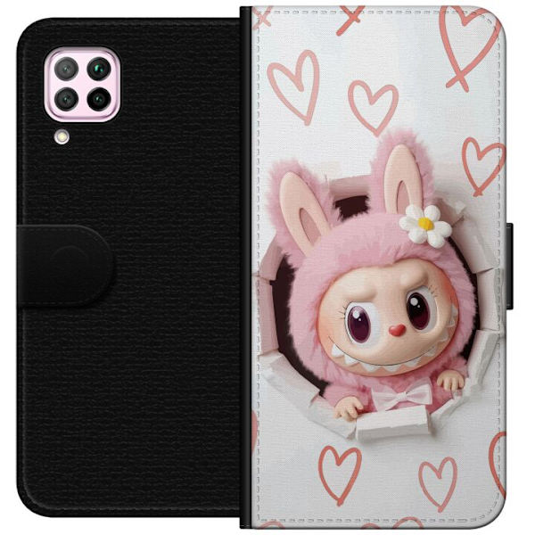 Huawei P40 lite Plånboksfodral Labubu Hjärtbakgrund Pop Mart Kärlek Tema Figur Design Populärt Motiv Samlarfigur Art Toy Serie