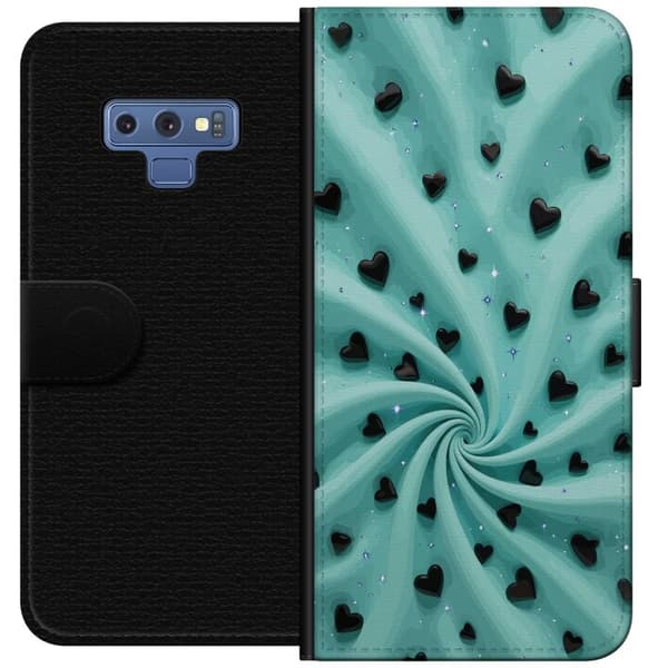 Kompatibel Tegnebogsetui til Samsung Galaxy Note9 Turkis hvirvelbaggrund med sorte hjerter og glitrende stjerner turkis