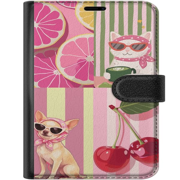 Kompatibel Tegnebogsetui til Apple iPhone Duo Kat hund lyserøde citrusfrugter og kirsebær over lyserøde og grønne striber pink