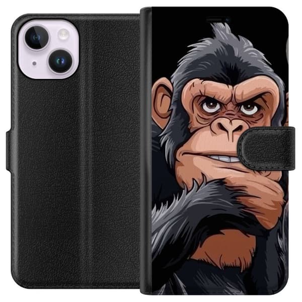 Kompatibel Tegnebogsetui til Apple iPhone 14 Illustreret chimpanse med cigar, der viser langfingeren mod sort baggrund sort