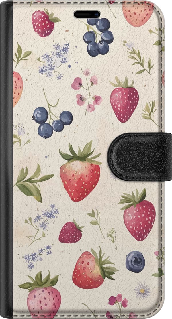 Kompatibel Tegnebogsetui til Apple iPhone 12 Pro Jordbær, blåbær og blomster - bæremønster på beige baggrund beige