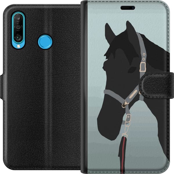 Kompatibel Tegnebogsetui til Huawei P30 lite Minimalistisk sort hest i profil med grime mod lyseblå baggrund blå