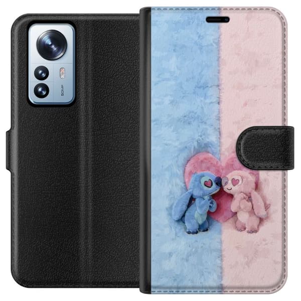 Kompatibel Tegnebogsetui til Xiaomi 12 Pro Søde blå og lyserøde figurer foran et stort lyserødt hjerte pink