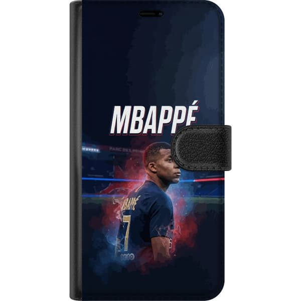 Kompatibel Tegnebogsetui til OnePlus 6T Fodboldspiller i blå kamptrøje foran oplyst stadion med dramatiske røde og blå effekter blå