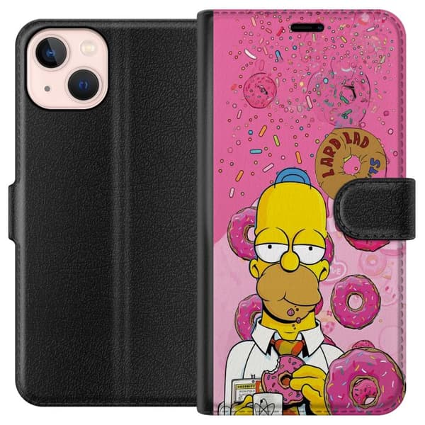Kompatibel Tegnebogsetui til Apple iPhone 13 mini Homer Simpson spiser lyserøde donuts mod en farverig baggrund pink