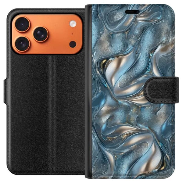 Kompatibel Tegnebogsetui til Apple iPhone 17 Pro Max Abstrakt flydende krom i sølv og blå metallisk effekt sølv