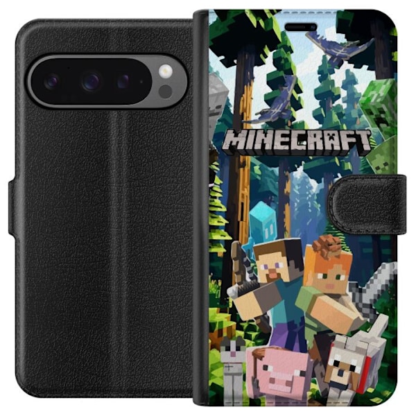 Google Pixel 9 Pro XL Plånboksfodral Minecraft mobilskal med skog och figurer i pixelstil