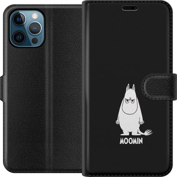 Kompatibel Tegnebogsetui til Apple iPhone 12 Pro Max Mumitrolden i hvid illustration med tekst på sort baggrund sort