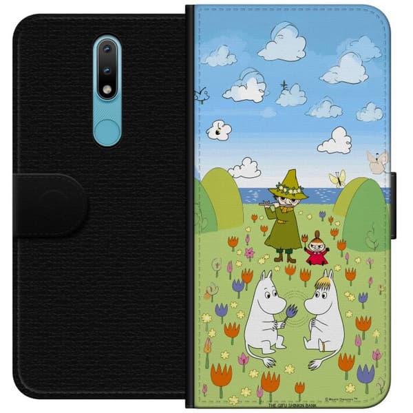 Kompatibelt Plånboksfodral till Nokia 2.4 Mumin i blomsteräng grön