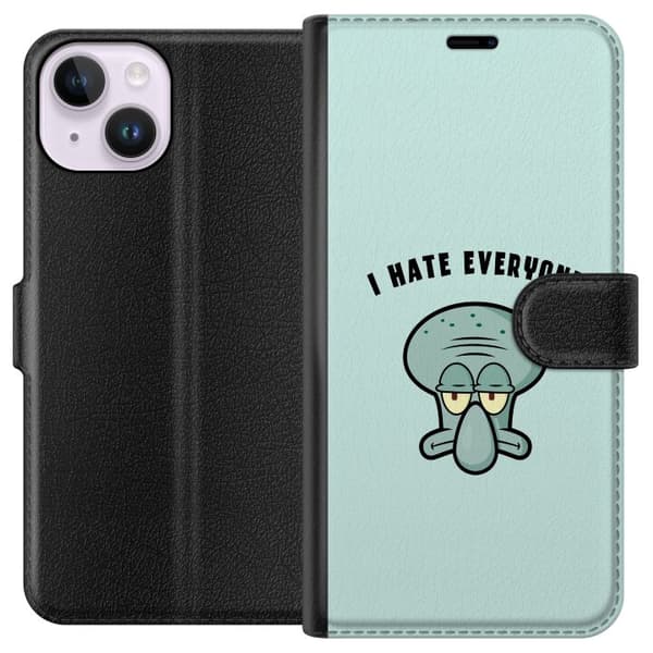 Kompatibel Tegnebogsetui til Apple iPhone 14 Tegnet utilfreds blækspruttefigur med teksten I Hate Everyone på lyse turkis baggrund blå