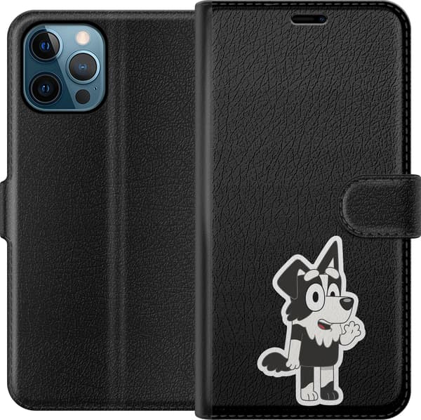 Kompatibel Tegnebogsetui til Apple iPhone 12 Pro Max Vinkende sort-hvid hund - Sort motiv med en sort-hvid hundefigur, der vinker. sort