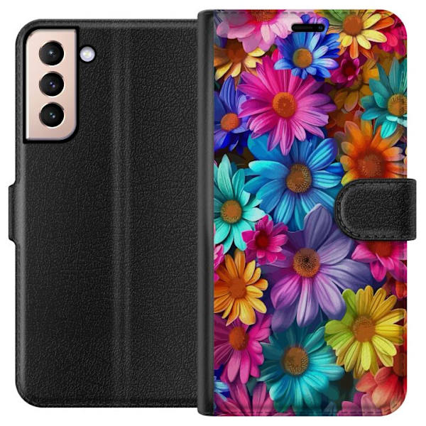 Samsung Galaxy S21 Plånboksfodral Gerbera Blommor Färgglad Dekor Blommotiv Populärt Heminredning Färg Rik Väggkonst Design