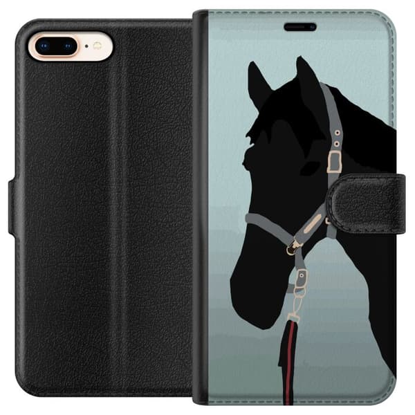 Kompatibel Tegnebogsetui til Apple iPhone 8 Plus Minimalistisk sort hest i profil med grime mod lyseblå baggrund blå