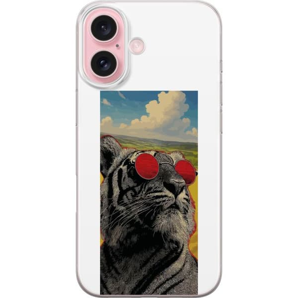 Kompatibel Mobilcover til Apple iPhone 16 Cool tiger med røde solbriller i pop kunststil grå