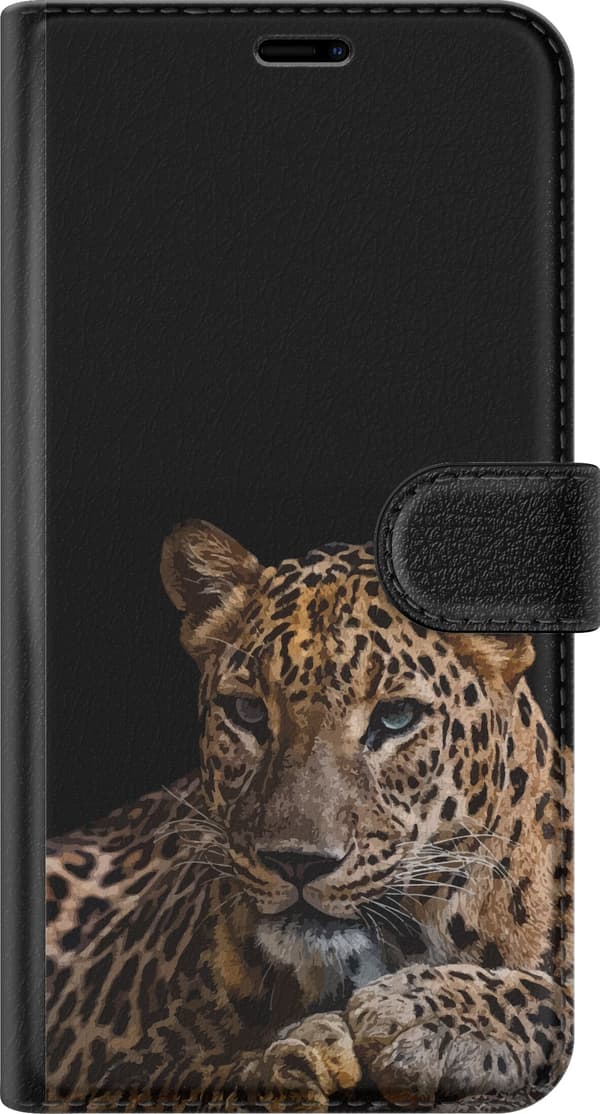 Kompatibel Tegnebogsetui til Samsung Galaxy S20 FE Leopardportræt - rovdyrmotiv på sort baggrund sort