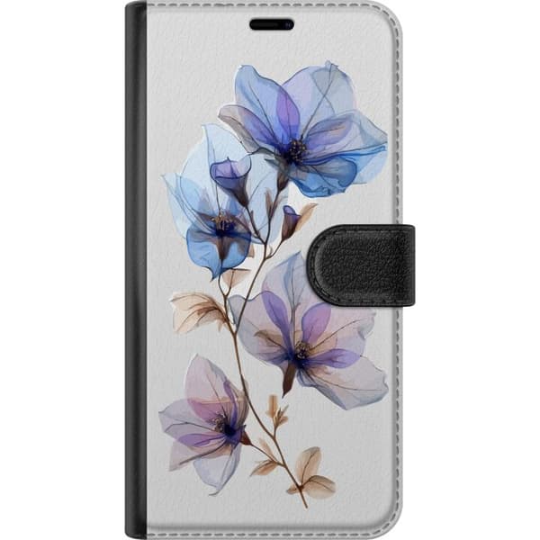 Kompatibel Tegnebogsetui til Apple iPhone SE (2016) Elegant blomstermotiv med transparente blå og lilla blomster samt tynde brune stilke blå