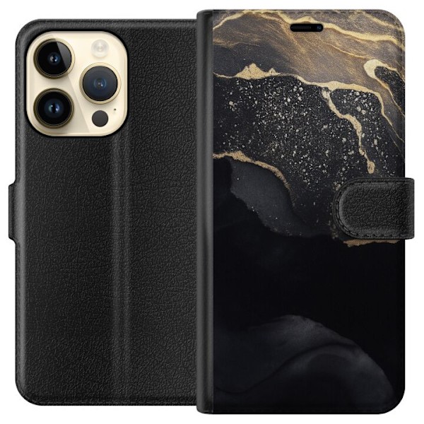 Apple iPhone 15 Pro Lompakkokotelo Musta kulta abstrakti
