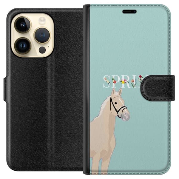 Kompatibel Tegnebogsetui til Apple iPhone 15 Pro Lys hest med blomster og teksten "Spring" på mintgrøn baggrund grøn