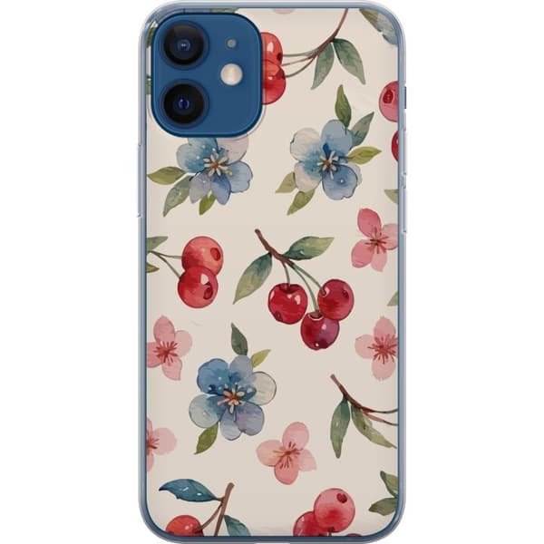 Kompatibelt Mobildeksel til Apple iPhone 12 Bær & Blomster - mønster med blå blomster og skogsbær