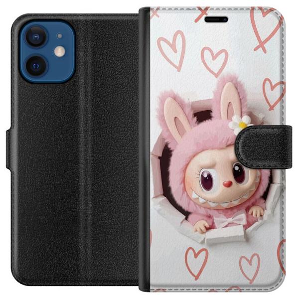 Apple iPhone 12  Plånboksfodral Labubu Hjärtbakgrund Pop Mart Kärlek Tema Figur Design Populärt Motiv Samlarfigur Art Toy Serie