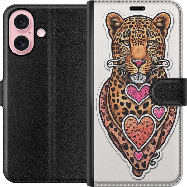 Kompatibel Tegnebogsetui til Apple iPhone 16 Illustreret leopard med lyserøde og orange hjerter, sorte pletter og dekorative detaljer orange