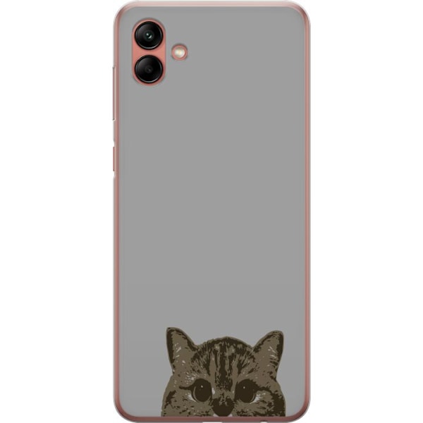 Samsung Galaxy A04 Genomskinligt Skal Grå Kattblick – stilren kattdesign med grå bakgrund