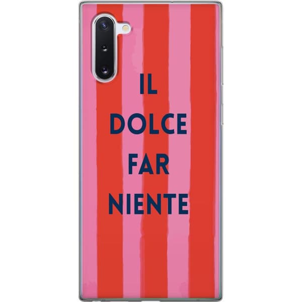 Kompatibelt Mobildeksel til Samsung Galaxy Note10 Teksten Il Dolce Far Niente i mørkeblått mot håndmalte rosa og røde striper rosa
