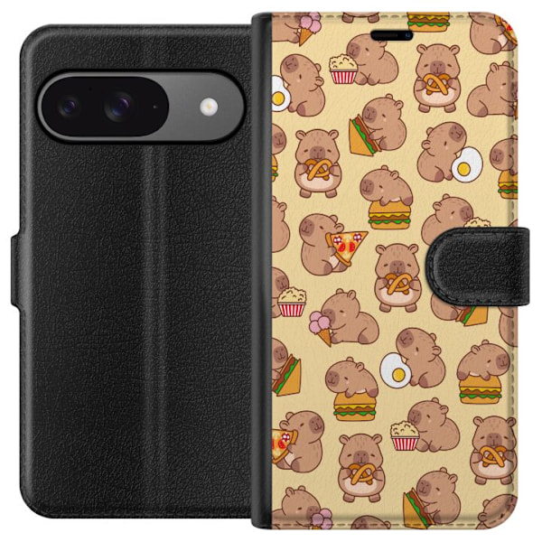 Google Pixel 9 Pro Tegnebogsetui Kawaii capybara mobilcover med flere søde figurer