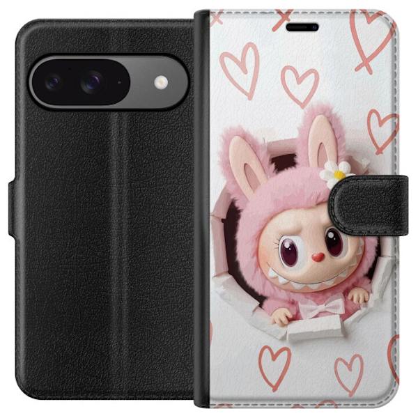Google Pixel 9 Plånboksfodral Labubu Hjärtbakgrund Pop Mart Kärlek Tema Figur Design Populärt Motiv Samlarfigur Art Toy Serie