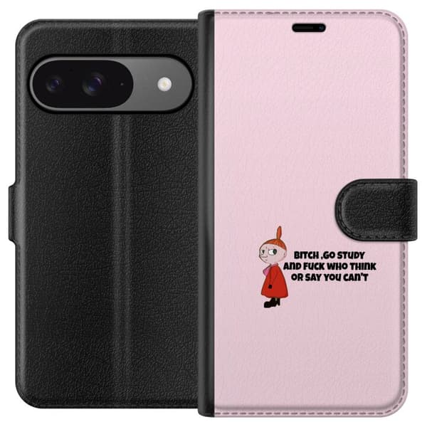 Kompatibel Tegnebogsetui til Google Pixel 9 Pro Tegnet rødhåret figur med et kæk studiesitat i sort tekst på lyserød baggrund pink