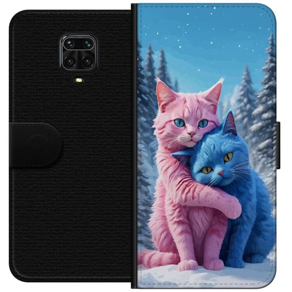 Kompatibel Tegnebogsetui til Xiaomi Redmi Note 9 Pro Søde lyserøde og blå katte, der krammer i sneklædt vinterlandskab blå