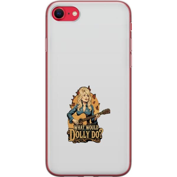 Kompatibelt Mobildeksel til Apple iPhone 7 Dolly Parton illustrert med gitar, sommerfugler og teksten What Would Dolly Do i retro-westernstil grå