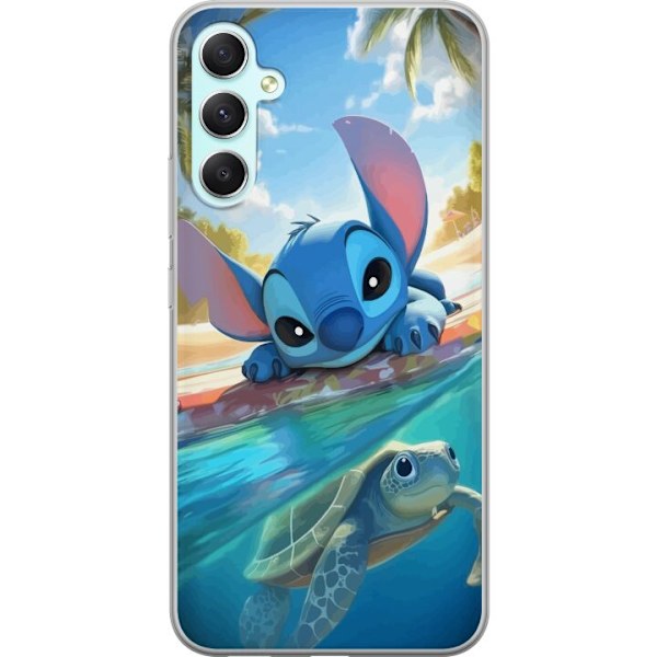 Samsung Galaxy A34 Genomskinligt Skal Stitch med sköldpadda – söt blå alien i tropisk strandmiljö från Disney