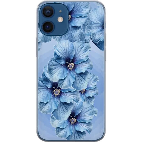 Kompatibel Mobilcover til Apple iPhone 12 Store lyseblå blomster med mørkeblå centre mod blå baggrund blå