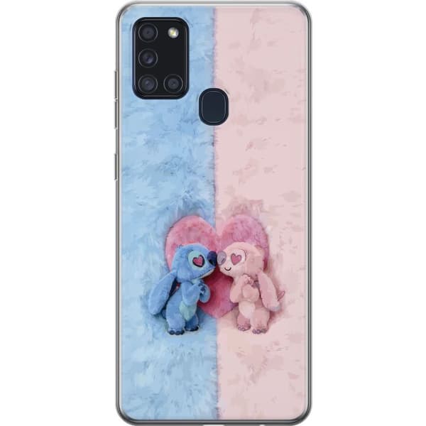 Kompatibel Mobilcover til Samsung Galaxy A21s Søde blå og lyserøde figurer foran et stort lyserødt hjerte pink