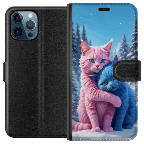 Kompatibel Tegnebogsetui til Apple iPhone 12 Pro Søde lyserøde og blå katte, der krammer i sneklædt vinterlandskab blå