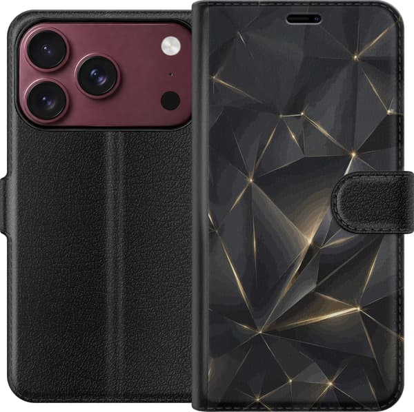 Kompatibel Tegnebogsetui til Apple iPhone 18 Pro Abstrakte sorte geometriske former med tynde gyldne linjer og lyspunkter sort