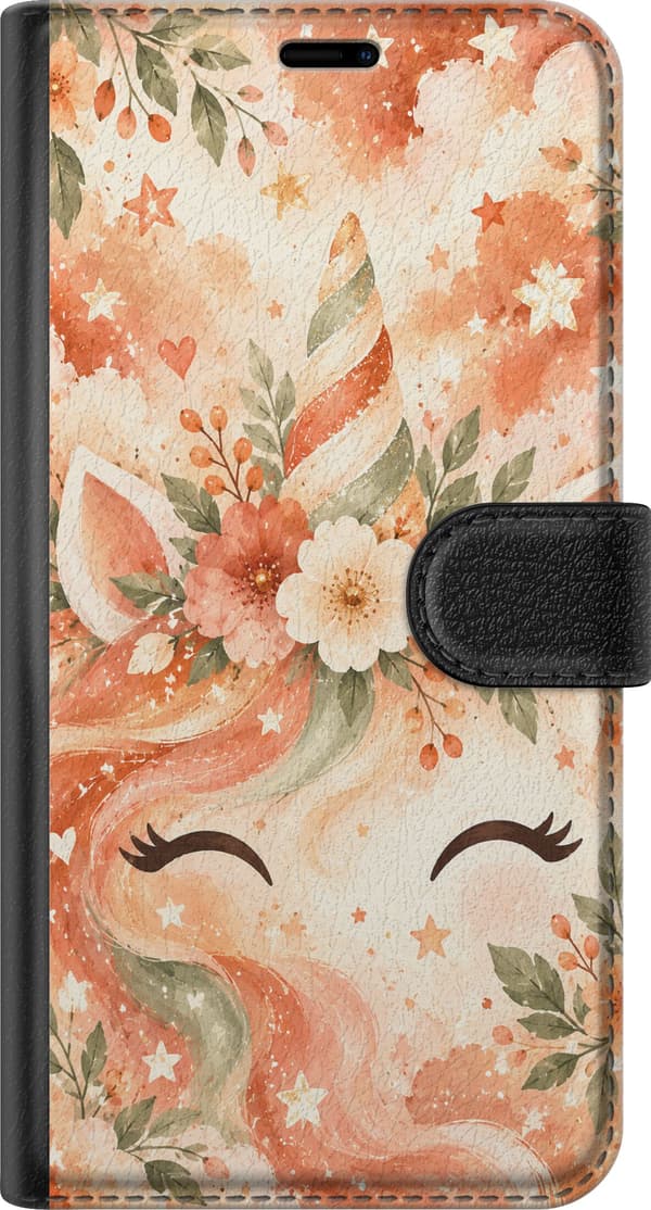 Kompatibel Tegnebogsetui til Apple iPhone 12 Pro Blomsterhorn – Enhjørningsansigt og blomster i beige nuancer. Et dekorativt motiv med tydelige forme beige