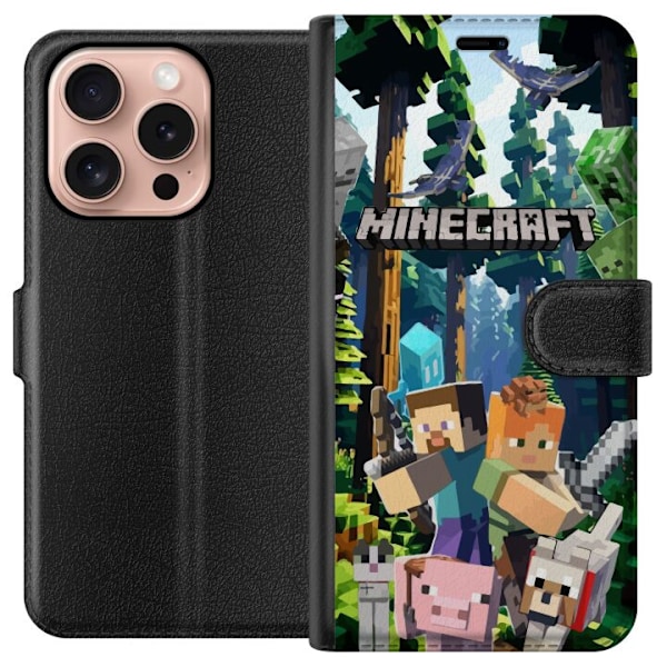 Apple iPhone 16 Pro Lompakkokotelo Minecraft-matkapuhelinkotelo metsällä ja pikselityylisillä hahmoilla