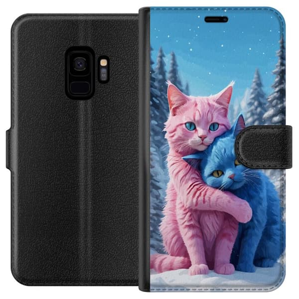Kompatibel Tegnebogsetui til Samsung Galaxy S9 Søde lyserøde og blå katte, der krammer i sneklædt vinterlandskab blå
