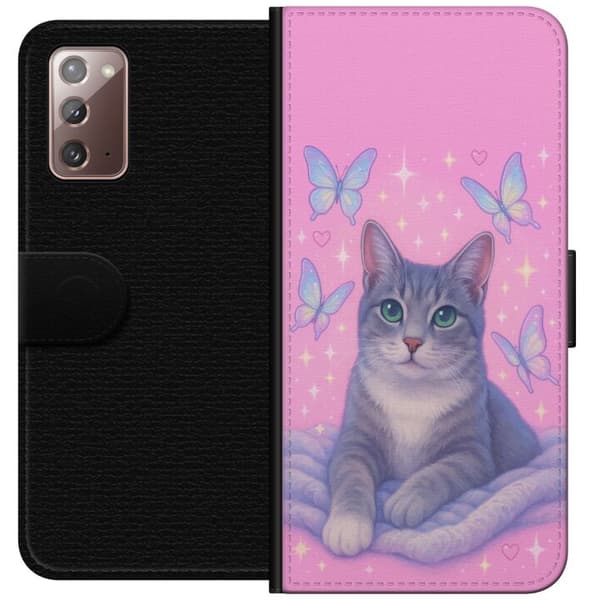 Kompatibel Tegnebogsetui til Samsung Galaxy Note20 Sød grå kat med grønne øjne, sommerfugle og glitrende detaljer på lyserød baggrund, perfekt til dy