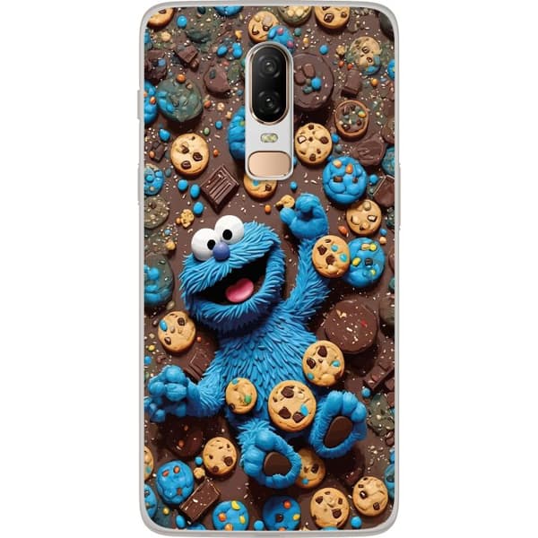 Kompatibelt Mobilskal till OnePlus 6 Lekfull blå tecknad figur omgiven av kakor blå