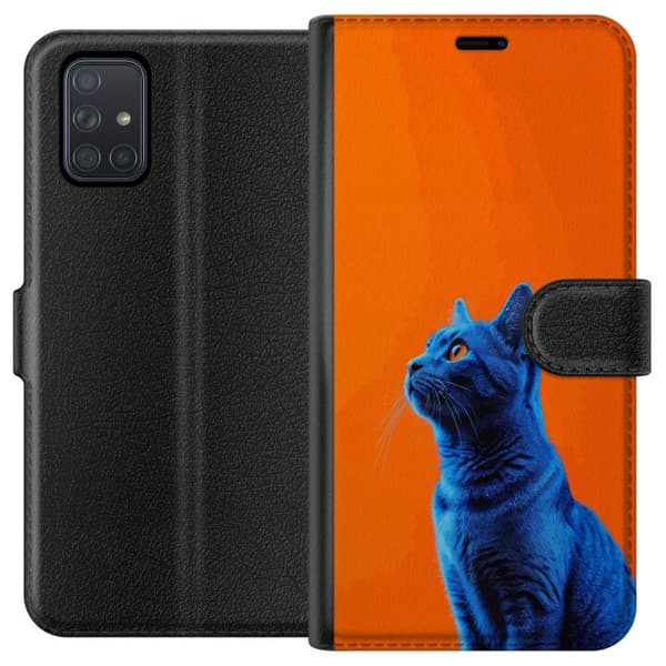 Kompatibel Tegnebogsetui til Samsung Galaxy A71 Blå kat med orange baggrund i moderne popkunststil blå