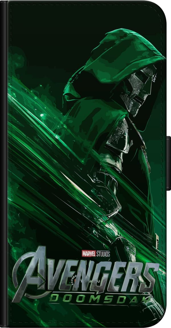 Kompatibel Tegnebogsetui til Huawei P40 lite E Doctor Doom med grøn hætte og lysende grønne lysstriber under Avengers Doomsday-titlen grøn
